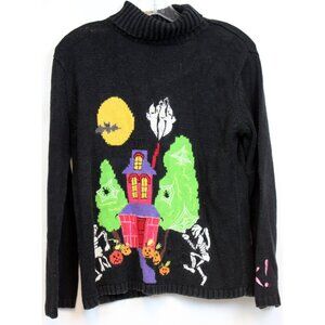 Tiara Girls Black Halloween Sweater Knit Haunted house Skeletons Bat Full Moon